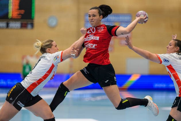 Jana Scheib (Thueringer HC, 20), <Diana Doegg Magnusdottir (HSG Blomberg-Lippe, 07), Maxi Muehlner (HSG Blomberg-Lippe, 10) GER, Thueringer HC gegen HSG Blomberg-Lippe, Handball, Alsco Handball Bundesliga Frauen, Saison 2026 2027, 5. Spieltag, Sonntag, 19.30 Uhr, 07.10.2026 GER, Thueringer HC gegen HSG Blomberg-Lippe, Handball, Alsco Handball Bundesliga Frauen, Saison 2026 2027, 5. Spieltag, Sonntag, 19.30 Uhr, 07.10.2026 Bad Langensalza Copyright: xMartinxHerbstx