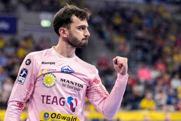Matija Spikic (Torwart, ThSV, 1), Einzelbild, Einzelfoto, Aktion, Action, Jubel, jubeln, jubelt, celebration, Freude, freuen, freut sich, zuversichtlich, optimistisch, positiv, Spielszene, 08.10.2026, Mannheim (Deutschland), Handball, Bundesliga, Rhein-Neckar Löwen - ThSV Eisenach