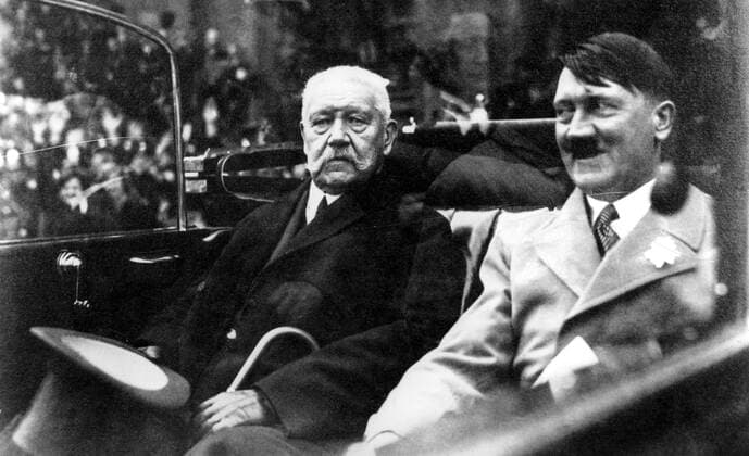 Hitler, the new German Chancellor, rides through Berlin with Hindenburg, May Day, 1933 Hindenburg, Paul Anton Hans Ludwig von Beneckendorff und von German general and politician; president of Germany 1925-1934; appointed Adolf Hitler chancellor _1847-1934 Hitler, Adolf (Der Fuhrer) German (Austrian-born) Nazi dictator, orator, and politician; , Führer, Deutschland, Kanzler, Reichskanzler, Bundeskanzler UnitedArchives01013414