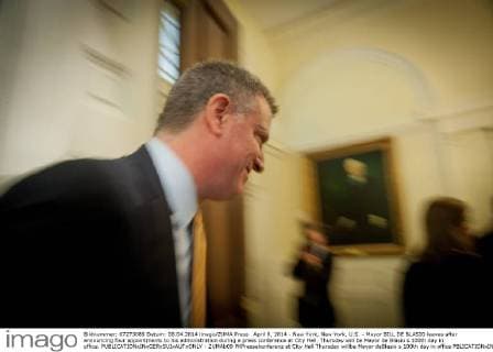 April 8, 2014 - New York, New York, U.S. - Mayor BILL DE BLASIO leaves after announcing four appointments to his administration during a press conference at City Hall. Thursday will be Mayor de Blasio s 100th day in office. - ZUMAb09