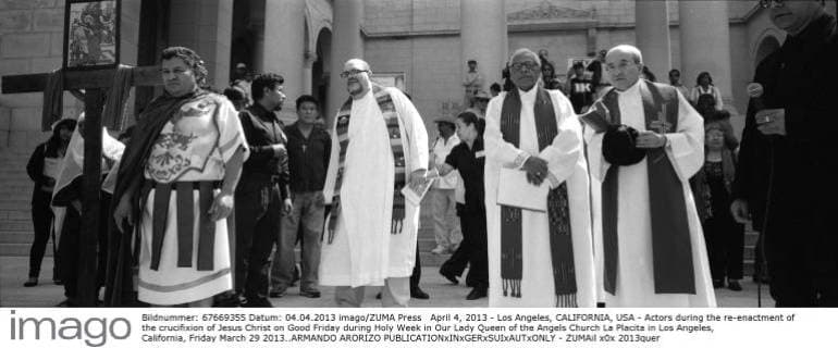 April 4, 2013 - Los Angeles, CALIFORNIA, USA - Actors during the re-enactment of the crucifixion of Jesus Christ on Good Friday during Holy Week in Our Lady Queen of the Angels Church La Placita in Los Angeles, California, Friday March 29 2013..ARMANDO ARORIZO - ZUMAil