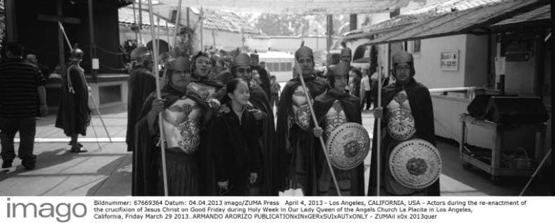April 4, 2013 - Los Angeles, CALIFORNIA, USA - Actors during the re-enactment of the crucifixion of Jesus Christ on Good Friday during Holy Week in Our Lady Queen of the Angels Church La Placita in Los Angeles, California, Friday March 29 2013..ARMANDO ARORIZO - ZUMAil