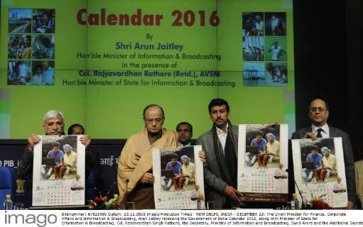 NEW DELHI, INDIA - DECEMBER 23: The Union Minister for Finance, Corporate Affairs and Information & Broadcasting, Arun Jaitley releasing the Government of India Calendar 2016, along with Minister of State for Information & Broadcasting, Col. Rajyavardhan Singh Rathore, the Secretary, Ministry of Information and Broadcasting, Sunil Arora and the Additional Secretary, Ministry of Information & Broadcasting, J.S. Mathur on December 23, 2015 in New Delhi, India. In a strong show of support for Arun Jaitley, Prime Minister Narendra Modi today said the Finance Minister will come through with flying colours against charges of corruption levelled against him by the opposition in a same way LK Advani did in the Hawala case.(Photo by Sushil Kumar Hindustan Times ) Union Finance Minister Arun Jaitley Release GOI Calendar 2016
