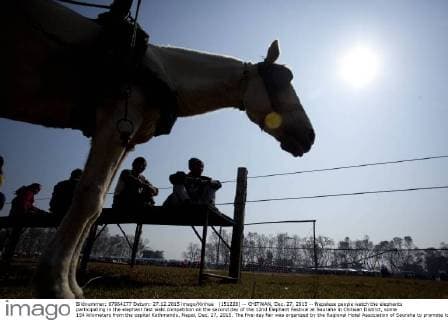 (151228) -- CHITWAN, Dec. 27, 2015 -- Nepalese people watch the elephants participating in the elephant fast walk competition on the second day of the 12nd Elephant Festival at Sauraha in Chitwan District, some 154 kilometers from the capital Kathmandu, Nepal, Dec. 27, 2015. The five-day fair was organized by the Regional Hotel Association of Sauraha to promote tourism in Nepal. An elephant race, a bullock cart race, a horse cart race, elephant soccer, an elephant beauty pageant and various cultural activities will be held during the event. ) NEPAL-CHITWAN-ELEPHANT FESTIVAL PratapxThapa