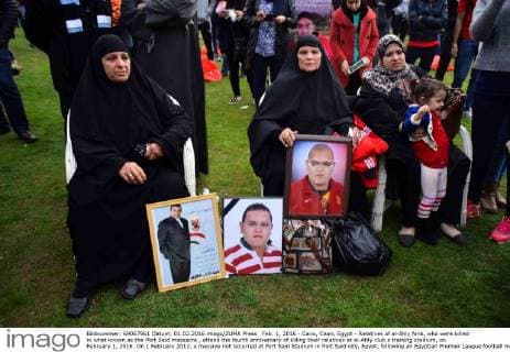 Feb. 1, 2016 - Cairo, Cairo, Egypt - Relatives of al-Ahly fans, who were killed in what known as the Port Said massacre , attend the fourth anniversary of killing their relatives at al-Ahly club s training stadium, on February 1, 2016. On 1 February 2012, a massive riot occurred at Port Said Stadium in Port Said city, Egypt, following an Egyptian Premier League football match between El Masry and El Ahly clubs. At least 74 people were killed and more than 500 were injured after thousands of El Masry spectators stormed the stadium stands and the pitch Cairo Egypt - ZUMAap3_