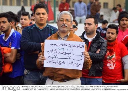 Feb. 1, 2016 - Cairo, Cairo, Egypt - Relatives of al-Ahly fans, who were killed in what known as the Port Said massacre , attend the fourth anniversary of killing their relatives at al-Ahly club s training stadium, on February 1, 2016. On 1 February 2012, a massive riot occurred at Port Said Stadium in Port Said city, Egypt, following an Egyptian Premier League football match between El Masry and El Ahly clubs. At least 74 people were killed and more than 500 were injured after thousands of El Masry spectators stormed the stadium stands and the pitch Cairo Egypt - ZUMAap3_