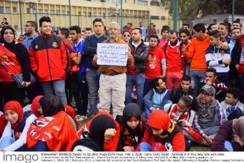 Feb. 1, 2016 - Cairo, Cairo, Egypt - Relatives of al-Ahly fans, who were killed in what known as the Port Said massacre , attend the fourth anniversary of killing their relatives at al-Ahly club s training stadium, on February 1, 2016. On 1 February 2012, a massive riot occurred at Port Said Stadium in Port Said city, Egypt, following an Egyptian Premier League football match between El Masry and El Ahly clubs. At least 74 people were killed and more than 500 were injured after thousands of El Masry spectators stormed the stadium stands and the pitch Cairo Egypt - ZUMAap3_