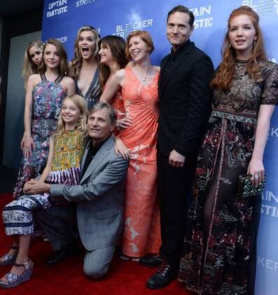 Captain Fantastic Premiere in Hollywood Cast members, Erin Moriarty, Samantha Isler, Missi Pyle, Kathryn Hahn, Trin Miller, writer director Matt Ross, actress Annalise Basso (L-R), actress Shree Crooks and actor Viggo Mortensen, foreground, attend the premiere of the motion picture drama Captain Fantastic at the Harmony Gold Theatre in the Hollywood section of Los Angeles on June 26, 2016. Storyline: In the forests of the Pacific Northwest, a father devoted to raising his six kids with a rigorous physical and intellectual education is forced to leave his paradise and enter the world, challenging his idea of what it means to be a parent. LAP2016062852 JIMxRUYMEN