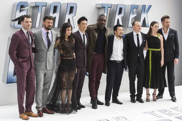 London, UK. 12 July 2016. L-R: Zachary Quinto, Karl Urban, Sofia Boutella, John Cho, Idris Elba, Justin Lin, Simon Pegg, Lydia Wilson and Chris Pine. Red carpet arrivals for Star Trek Beyond. Paramount Pictures presents the European Premiere of Star Trek Beyond at the Empire Leicester Square. Star Trek Beyond Premiere, London, UK