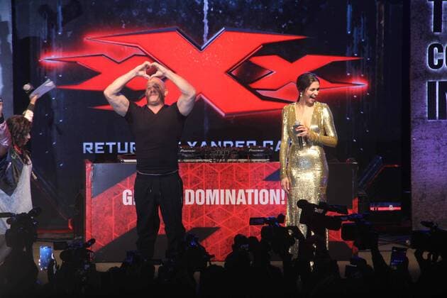 MUMBAI, INDIA - JANUARY 12: Hollywood actor Vin Diesel and Bollywood actor Deepika Padukone during a meet and greet with fans to promote the film xXx: Return of Xander Cage , on January 12, 2017 in Mumbai, India. . xXx: Return of Xander Cage is a 2017 American action film directed by D. J. Caruso and written by F. Scott Frazier. It stars Vin Diesel, Donnie Yen, Deepika Padukone, Kris Wu, Ruby Rose, Tony Jaa, Nina Dobrev, Toni Collette and Samuel L. Jackson. It is the third film in the xXx franchise and a sequel to both xXx (2002) and xXx: State of the Union (2005). (Photo by Pramod Thakur Hindustan Times ) Hollywood Actor Vin Diesel And Bollywood Actor Deepika Padukone Meet Fans In Mumbai