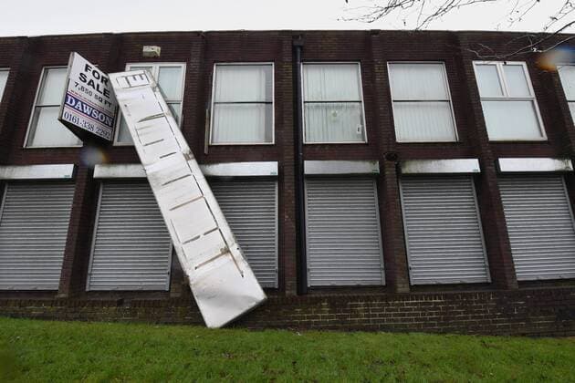. 12 02 2017. Manchester, United Kingdom. Manchester Storms General view of a large sign hanging from a building following heavy winds in Stalybridge, Greater Manchester . xAnthonyxDevlinx xi-Imagesx IIM-14372-0004