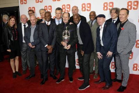 Deputy football correspondent for the Observer Amy Lawrence, Irish former footballer Theo Foley, English former professional footballer Tony Adams, English writer Nick Hornby, English former professional footballer Alan Smith, English former professional footballer Michael Thomas, Scottish former football player and manager George Graham, English former professional footballer Steve Bould, English former professional footballer Ian Wright, English former footballer Perry Groves, English stand-up comedian and actor Alan Davies and English former footballer Lee Dixon attend the World Premiere of 89 at the Odeon Holloway in London NOVEMBER 8th 2017 MESx172588