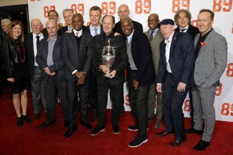 Deputy football correspondent for the Observer Amy Lawrence, Irish former footballer Theo Foley, English former professional footballer Tony Adams, English writer Nick Hornby, English former professional footballer Alan Smith, English former professional footballer Michael Thomas, Scottish former football player and manager George Graham, English former professional footballer Steve Bould, English former professional footballer Ian Wright, English former footballer Perry Groves, English stand-up comedian and actor Alan Davies and English former footballer Lee Dixon attend the World Premiere of 89 at the Odeon Holloway in London NOVEMBER 8th 2017 MESx172588