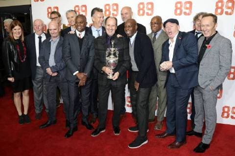Deputy football correspondent for the Observer Amy Lawrence, Irish former footballer Theo Foley, English former professional footballer Tony Adams, English writer Nick Hornby, English former professional footballer Alan Smith, English former professional footballer Michael Thomas, Scottish former football player and manager George Graham, English former professional footballer Steve Bould, English former professional footballer Ian Wright, English former footballer Perry Groves, English stand-up comedian and actor Alan Davies and English former footballer Lee Dixon attend the World Premiere of 89 at the Odeon Holloway in London NOVEMBER 8th 2017 MESx172588