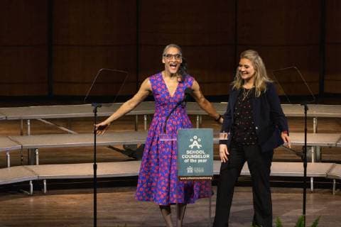 February 2, 2018 - Washington, DC, United States - (L-R): Carla Hall (â€oeThe Chewâ€Â), and Amanda Freitag (Food Network), speak at the 2018 School Counselor of the Year awards ceremony, at the John F. Kennedy Center for the Performing Arts in Washington, D.C., on Friday, Feb. 2, 2018. ( ) Washington United States - ZUMAn230 20180202_zaa_n230_365 Copyright: xCherissxMayx