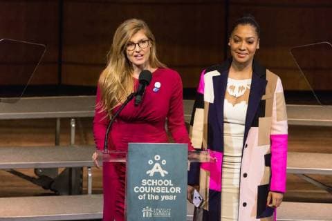February 2, 2018 - Washington, DC, United States - (L-R): - Connie Britton (FOX series â€oe9-1-1â€Â), and La La Anthony (Starz series Power ), speak at the 2018 School Counselor of the Year awards ceremony, at the John F. Kennedy Center for the Performing Arts in Washington, D.C., on Friday, Feb. 2, 2018. ( ) Washington United States - ZUMAn230 20180202_zaa_n230_338 Copyright: xCherissxMayx