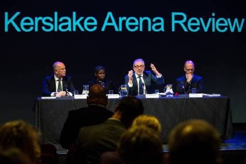 March 27, 2018 - Salford, Greater Manchester, UK - Salford, UK. Panel: ALAN GOODWIN, VENERABLE KAREN LUND, BOB KERSLAKE and HUGH DEEMING The Kerslake Report in to the terrorist bombing of an Ariana Grande concert at the Manchester Arena on 22nd May 2017 , ordered by Greater Manchester Metro Mayor Andy Burnham , is published at a press conference at the University of Salford , at Media City . Amongst praise for many connected with the events, the report also highlights failings in communication at Greater Manchester Fire and Rescue on the night and disreputable behaviour by some sections of the media in the aftermath of the attack Salford UK - ZUMAl94_ 20180327_zaf_l94_075 Copyright: xJoelxGoodmanx