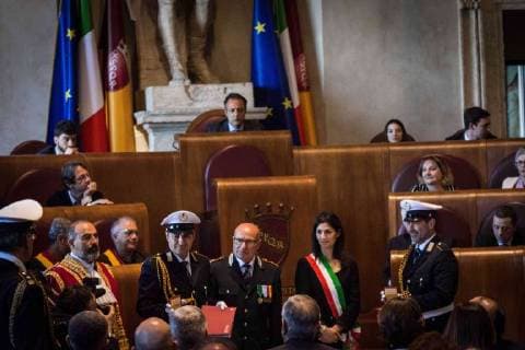 April 21, 2018 - Rome, Lazio, Italy - This morning in the Campidoglio, in the Julius Caesar Hall, there was the celebration ceremony for the 2771st Christmas in Rome. The celebrations were launched by the Mayor of Rome Virginia Raggi and the President of the Capitoline Assembly Marcello De Vito. Also present were the Deputy Mayor with responsibility for Cultural Growth, Luca Bergamo, the Councillor for Person, School and Community Solidarity, Laura Baldassarre, .The Mayor Virginia Raggi awarded Gigi Proietti the Premio Cultori di Roma 2018 , promoted by the Istituto nazionale di Studi Romani and intended for personalities who have distinguished themselves in their studies and works on Rome.on April 21, 2018 in Rome, Italy Rome Italy - ZUMAn230 20180421_zaa_n230_679 Copyright: xAndreaxRonchinix