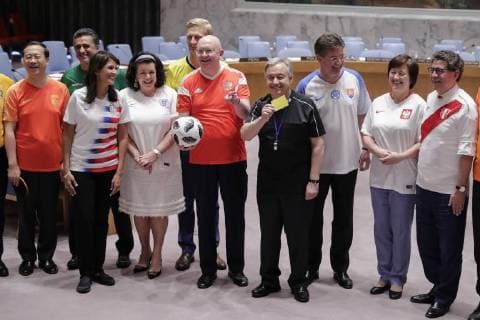 June 14, 2018 - New York, United States - United Nations, New York, USA, June 14 2018 - Security Council members, wearing the jerseys of their national teams, gathered in the chamber today to mark the opening of this year s FIFA World Cup today at the UN Headquarters in New York City. .Secretary-General Antonio Guterres and Miroslav Lajcak President of the seventy-second session of the General Assembly, pose for a group photo with Council members, including Vassily Nebenzia, Permanent Representative of the Russian Federation to the United Nations and President of the Security Council for the month of June. New York United States - ZUMAn230 20180614_zaa_n230_1040 Copyright: xLuizxRampelottox