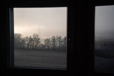Sonnenaufgang Oberboihingen Baden-Württemberg, Oberboihingen, 23.11.2018 - Symbolbild, Baum, Bäume, Silhoutte, Silhouetten, Baumsilhouetten, Äste, Felder, Feld, Schatten, Licht, Sonnenlicht, Kontrast, Wetter, Winter, Fenster, Fensterrahmen, Blick durchs Fenster, Ausblick, Durchblick, Hamburg Hamburg Deutschland