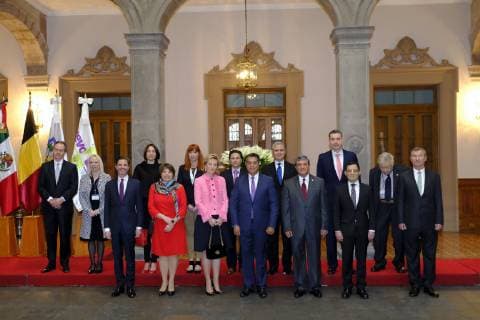 Fabienne L Hoost of Belgian Foreign Trade Agency, Ambassador of Belgium to Mexico, Antoine Evrard, Hub Brussels CEO Isabelle Grippa, Brussels region State Secretary Cecile Jodogne , AWEX CEO Pascale Delcomminette, Princess Astrid of Belgium and Jaime Rodriguez Calderon, Governor of Nuevo Leon a meeting with the governor of Nuevo Leon province, on the fifth day of a Belgian economic mission to Mexico, Thursday 21 February 2019, in Monterrey. Several federal and regional ministers accompany the princess on an economic mission to Mexico from 17 to 24 February. ERICxLALMAND 05535679