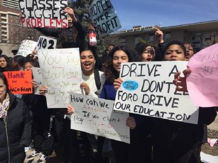 April 4, 2019 - Toronto, ONTARIO, Canada - Students at Newtonbrook Secondary School walked out of class to protest planned education cuts by Premier Doug Ford and the Ontario government on Thursday April 4, 2019 in Toronto, Ontario, Canada. Over 100,000 students from 700 schools from across Ontario walked out of their classrooms to participate in this massive walkout. The protest stems from the announced changes to the education system which includes an almost $100 million cut in job funding, the loss of 18,000 teaching jobs, the modification to the health and physical education curriculum, and an almost 30% increase in high school class sizes. Toronto Canada - ZUMAn230 20190404_zaa_n230_211 Copyright: xCreativexTouchxImagingxLtdx