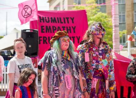 June 1, 2019 - Bristol, Bristol, UK - Bristol, UK. Extinction Rebellion s catwalk fashion show in Bristol s Broadmead shopping centre. Campaigners from Extinction Rebellion are carrying out a five-hour protest which will include everything from a ˜pop-up™ catwalk to blocking the city centre traffic. The protest targets Bristol™s fashion and clothes stores with people urged to not buy any new items of clothing for the next year. There will also be a ˜pop-up catwalk™, where designers will be showing off their work to demonstrate the needed shift away from fast fashion towards a fairer, safer, cleaner, more transparent fashion industry. People are encouraged to repair, re-use, alter, upcycle and recycle clothes in a year-long boycott aiming to economically disrupt the fashion and textile industry demanding that it drastically chang - ZUMAl94_ 20190601_zaf_l94_052 Copyright: xSimonxChapmanx