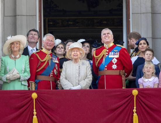 08-06-2019 England The ceremony of the Trooping the Colour, marking the monarch s official birthday, in London. Queen Elizabeth II Camilla, Duchess of Cornwall, Vice Admiral Timothy Laurence, Prince Charles, Prince of Wales Prince Andrew Britain s Princess Beatrice of York Britain s Princess Anne, Princess Royal, Queen Elizabeth II Princess Eugenie of York Lady Louise Windsor, Prince Andrew, Duke of York Prince Harry, Duke of Sussex, Meghan, Duchess of Sussex Copyright: xPPEx