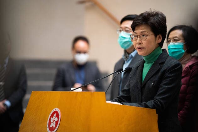 February 8, 2020, Hong Kong, China: Carrie Lam, Hong Kong s chief executive speaks to the media during the press conference..The chief executive of Hong Kong announced that traveling traveling from mainland China in to Hong Kong will subject to a 14 days mandatory quarantine measure which the travelers will have to stay at home or hotel to be quarantined in order lower the risk of the Coronavirus being spread across the border from mainland China. Hong Kong China - ZUMAs197 20200208_zaa_s197_018 Copyright: xGeovienxSox