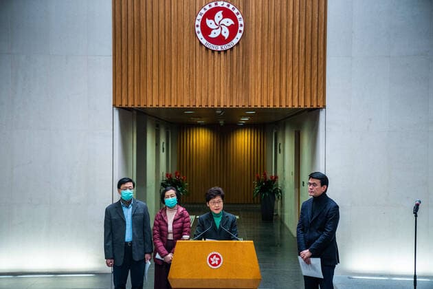 February 8, 2020, Hong Kong, China: Carrie Lam, Hong Kong s chief executive speaks to the media during the press conference..The chief executive of Hong Kong announced that traveling traveling from mainland China in to Hong Kong will subject to a 14 days mandatory quarantine measure which the travelers will have to stay at home or hotel to be quarantined in order lower the risk of the Coronavirus being spread across the border from mainland China. Hong Kong China - ZUMAs197 20200208_zaa_s197_019 Copyright: xGeovienxSox