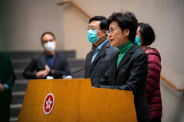 February 8, 2020, Hong Kong, China: Carrie Lam, Hong Kong s chief executive speaks to the media during the press conference..The chief executive of Hong Kong announced that traveling traveling from mainland China in to Hong Kong will subject to a 14 days mandatory quarantine measure which the travelers will have to stay at home or hotel to be quarantined in order lower the risk of the Coronavirus being spread across the border from mainland China. Hong Kong China - ZUMAs197 20200208_zaa_s197_015 Copyright: xGeovienxSox