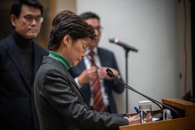 February 8, 2020, Hong Kong, China: Carrie Lam, Hong Kong s chief executive drop notes as members of the press ask her questions during the press conference..The chief executive of Hong Kong announced that traveling traveling from mainland China in to Hong Kong will subject to a 14 days mandatory quarantine measure which the travelers will have to stay at home or hotel to be quarantined in order lower the risk of the Coronavirus being spread across the border from mainland China. Hong Kong China - ZUMAs197 20200208_zaa_s197_013 Copyright: xGeovienxSox