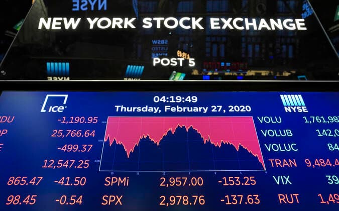 (200227) -- NEW YORK, Feb. 27, 2020 -- An electronic screen shows the trading data at the New York Stock Exchange in New York, the United States, Feb. 27, 2020. U.S. stocks closed sharply lower on Thursday as investors fled the stocks market and flocked into safe-haven assets. The Dow Jones Industrial Average fell 1,190.95 points, or 4.42 percent, to 25,766.64. The S&P 500 was down 137.63 points, or 4.42 percent, to 2,978.76. The Nasdaq Composite Index was down 414.29 points, or 4.61 percent, to 8,566.48. ) U.S.-NEW YORK-STOCKS WangxYing