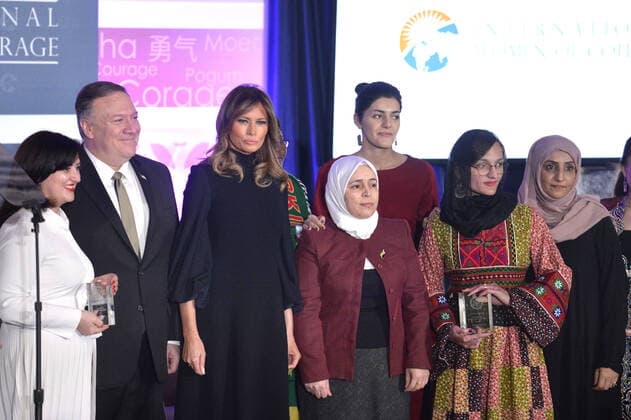 First Lady Melania Trump (3rd,L)and Secretaryof State Mike Pompeo (2nd,L) pose with International Women of Courage Awardees (L-R) Shahla Umbatova (Azerbaijan), Amina Khoulani (Syria), Lucy Kocharyan (Armenia), Zarifa Ghafari (Afghanistan) and Yasmin al Qadhi (Yemen) at the conclusion of a ceremony at the State Department, Wednesday, March 4, 2020, in Washington, DC. The award honors women of courage and leadership in social justice, human rights, gender equality and the advancement of women and girls. WAP20200304502 MIKExTHEILER