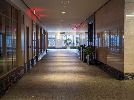 March 20, 2020, Des Moines, Iowa, U.S: The empty lobby of 801 Grand, the tallest office tower in Iowa, Friday morning. The building is a part of the campus of Principal, a large financial services company. The building was shutdown Friday after a visitor tested positive for COVID-19. Some workers were placed in self quarantine and all were ordered to work from home. On Friday morning, 20 March, Iowa reported 45 confirmed cases of the Coronavirus. Restaurants, bars, movie theaters, places that draw crowds are closed for at least 30 days. There are no shelter in place orders in effect anywhere in Iowa but people are being encouraged to practice social distancing and many businesses are requiring or encouraging employees to telecommute. Des Moines U.S. - ZUMAk94_ 20200320_zaf_k94_004 Copyright: xJackxKurtzx