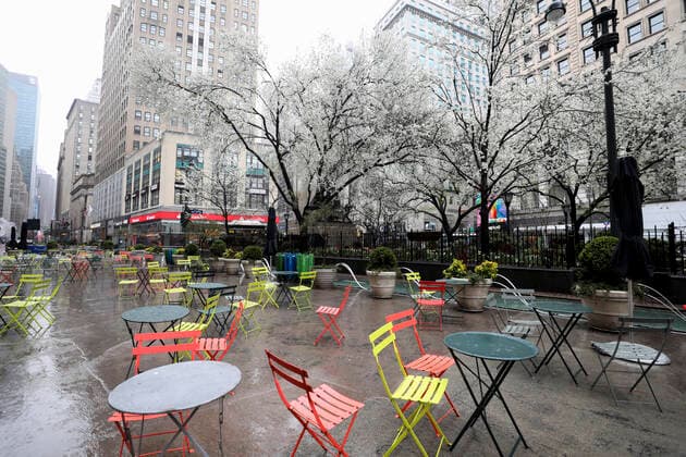 (200324) -- NEW YORK, March 24, 2020 -- A recreational area on Herald Square is seen empty in New York, the United States, March 23, 2020. The number of confirmed COVID-19 cases in New York City has reached 13,119 as of Monday night local time, according to data of the Center for Systems Science and Engineering (CSSE) at Johns Hopkins University. A total of 124 deaths have been reported in the city, according to the CSSE. The largest U.S. city with a population of 8.6 million has become a new epicenter of the outbreak, taking about 30 percent of the nation s tally of 43,901. ) U.S.-NEW YORK-COVID-19 WangxYing