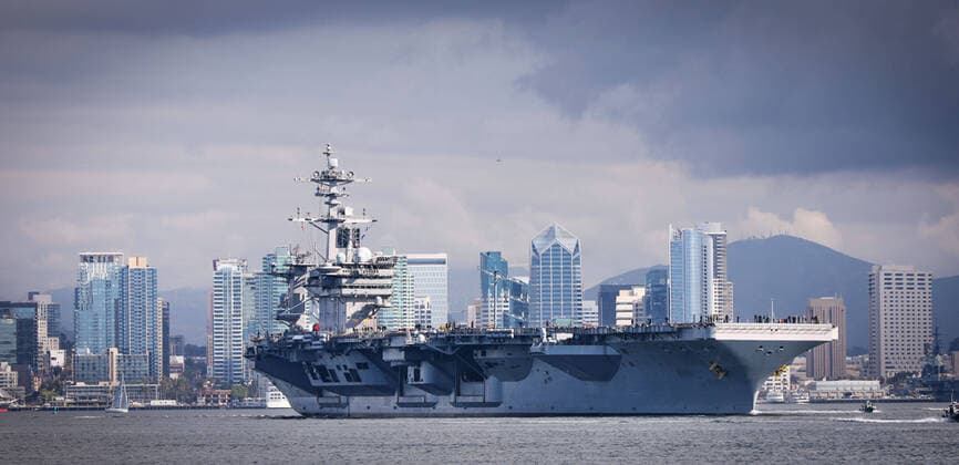 January 17, 2020, San Diego, CA, USA: The aircraft carrier USS Theodore Roosevelt, flagship of Carrier Strike Group 9, travels through San Diego Bay as seen from Shelter Island after leaving Naval Air Station North Island, starting a scheduled deployment to the U.S. Indo-Pacific Command region, Jan. 17, 2020 in San Diego, Calif. Three sailors on the Theodore Roosevelt have tested positive for COVID-19. San Diego USA - ZUMAm67_ 20200117_zaf_m67_033 Copyright: xHowardxLipinx