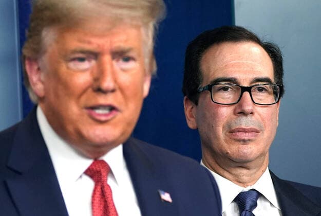 March 25, 2020, Washington, District of Columbia, USA: United States Secretary of the Treasury Steven T. Mnuchin listens as US President Donald J. Trump delivers remarks on the COVID-19 (Coronavirus) pandemic, during a Coronavirus Task Force briefing in the Brady Press Briefing Room at the White House in Washington, DC, March 25, 2020, in Washington, D.C. Congress is finishing final negotiations on a $2 trillion stimulus package, the largest in U.S history, designed to stabilize the U.S. economy and directly assist individuals in the sudden economic downturn causes by the rapidly intensifying coronavirus crisis. .Credit: Pool via CNP Washington USA - ZUMAs152 20200325_zaa_s152_106 Copyright: xSarahxSilbigerx