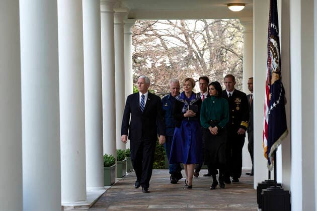 March 29, 2020, Washington, District of Columbia, USA: United States Vice President Mike Pence, left, alongside members of the Coronavirus Task Force, walks on the Colonnade from the Oval Office prior to the daily Coronavirus press conference in the Rose Garden of the White House in Washington, DC on Sunday, March 29, 2020. Credit: CNP Washington USA - ZUMAs152 20200329_zaa_s152_031 Copyright: xStefanixReynoldsx