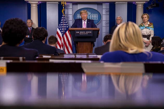 April 4, 2020, Washington, District of Columbia, USA: United States President Donald J. Trump speaks at the coronavirus briefing at the White House Washington, D.C., U.S., on Saturday, April 4, 2020. New York s death toll from coronavirus on Saturday surpassed 3,500 as confirmed cases rose to 113,704, bringing the U.S. total to more than 7,700 fatalities and 287,000 cases. .Credit: Pool via CNP Washington USA - ZUMAs152 20200404_zaa_s152_017 Copyright: xTasosxKatopodisx