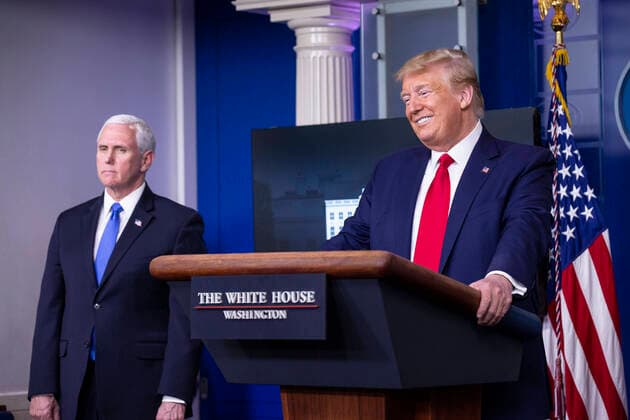 April 6, 2020, Washington, District of Columbia, USA: United States President Donald J. Trump, joined by members of the Coronavirus Task Force, delivers remarks on the COVID-19 pandemic in the James S. Brady Press Briefing Room of the White House in Washington D.C., U.S. on Monday, April 6, 2020. The United States has now reached 10,000 deaths caused by the novel Coronavirus, as officials debate the effectiveness of hydroxychloroquine, a drug used to treat malaria, to also treat the Coronavirus. Credit: CNP Washington USA - ZUMAs152 20200406_zaa_s152_052 Copyright: xStefanixReynoldsx