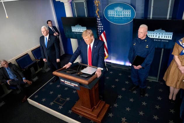 April 6, 2020, Washington, District of Columbia, USA: United States President Donald J. Trump, joined by members of the Coronavirus Task Force, delivers remarks on the COVID-19 pandemic in the James S. Brady Press Briefing Room of the White House in Washington D.C., U.S. on Monday, April 6, 2020. The United States has now reached 10,000 deaths caused by the novel Coronavirus, as officials debate the effectiveness of hydroxychloroquine, a drug used to treat malaria, to also treat the Coronavirus. Credit: CNP Washington USA - ZUMAs152 20200406_zaa_s152_069 Copyright: xStefanixReynoldsx