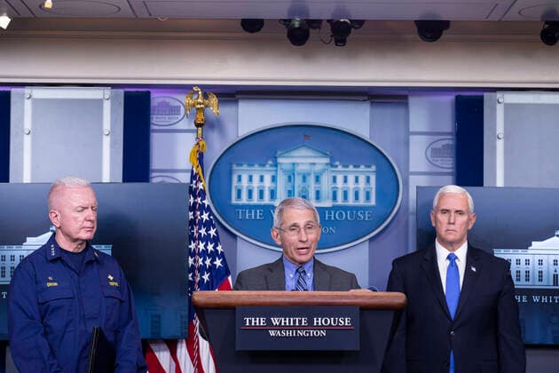 April 6, 2020, Washington, District of Columbia, USA: Anthony Fauci, director of the National Institute of Allergy and Infectious Diseases, joined by members of the Coronavirus Task Force, delivers remarks on the COVID-19 pandemic in the James S. Brady Press Briefing Room of the White House in Washington D.C., U.S. on Monday, April 6, 2020. The United States has now reached 10,000 deaths caused by the novel Coronavirus, as officials debate the effectiveness of hydroxychloroquine, a drug used to treat malaria, to also treat the Coronavirus. Credit: CNP Washington USA - ZUMAs152 20200406_zaa_s152_071 Copyright: xStefanixReynoldsx
