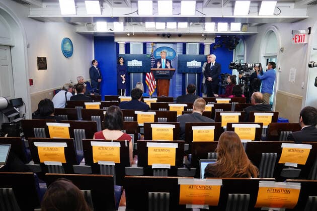 April 7, 2020, Washington, District of Columbia, USA: United States President Donald J. Trump, joined by members of the Coronavirus Task Force, delivers remarks on the COVID-19 pandemic in the James S. Brady Press Briefing Room of the White House in Washington, DC, USA, 07 April 2020. At left is Seema Verma, Administrator, Centers for Medicare and Medicaid Services and at right is US Vice President Mike Pence Washington USA - ZUMAs152 20200407_zaa_s152_040 Copyright: xJimxLoscalzox
