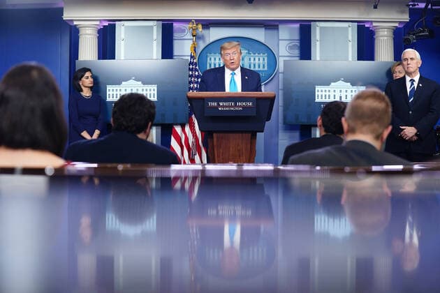 April 7, 2020, Washington, District of Columbia, USA: United States President Donald J. Trump, joined by members of the Coronavirus Task Force, delivers remarks on the COVID-19 pandemic in the James S. Brady Press Briefing Room of the White House in Washington, DC, USA, 07 April 2020. At left is Seema Verma, Administrator, Centers for Medicare and Medicaid Services and at right is US Vice President Mike Pence Washington USA - ZUMAs152 20200407_zaa_s152_041 Copyright: xJimxLoscalzox