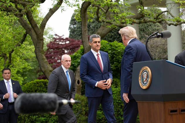 April 14, 2020, Washington, District of Columbia, USA: United States President Donald J. Trump greets Sam Hazen, CEO of HCA Healthcare, center, and Warner Thomas, president and CEO of Oschner Health, during a news conference in the Rose Garden of the White House in Washington D.C., U.S. on Tuesday, April 14, 2020. Trump announced that he has instructed his administration to halt funding to WHO, the World Health Organization. Washington USA - ZUMAs152 20200414_zaa_s152_094 Copyright: xStefanixReynoldsx