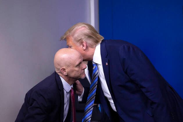 April 19, 2020, Washington, District of Columbia, USA: United States President Donald J. Trump, right, speaks to Stephen Hahn, commissioner of food and drugs at the U.S. Food and Drug Administration (FDA) during a news conference in the James S. Brady Press Briefing room at the White House in Washington D.C., U.S., on Sunday April 19, 2020. Speaker of the United States House of Representatives Nancy Pelosi (Democrat of California) stated that lawmakers are close to a deal with United States Secretary of the Treasury Steven T. Mnuchin regarding a second round of small business loans for businesses impacted by Coronavirus. Credit: CNP Washington USA - ZUMAs152 20200419_zaa_s152_048 Copyright: xStefanixReynoldsx