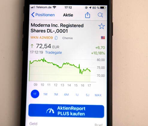 15.07.2020, Eine Börsen-App auf dem iPhone, in Echtzeit werden die Börsenplätze angezeigt, hier der Wert von Moderna, Die Firma Moderna ist ein in Cambridge, Massachusetts, ansässiges Biotechnologieunternehmen, das sich auf die Entdeckung und Entwicklung von Arzneimitteln konzentriert. Aktuell arbeitet das Unternehmen auch an einem RNA-Impfstoff gegen das SARS-CoV-2 Virus. Deshalb macht der Kurs der Aktie große Sprünge ins Plus, an dem Aufnahmetag 10 Prozent. Im Jahresverlauf über 500 Prozent. 15.07.2020, Aktien-App einem iPhone 15.07.2020, Aktien-App einem iPhone