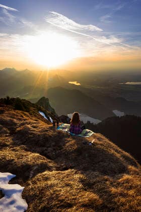 Female hiker during sunset, Saeuling, Bavaria, Germany model released Symbolfoto MALF00066