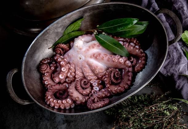Fresh octopus tentacles with aromatic herbs lying in metal bowl in kitchen Copyright: xLarisaxBlinovax Model Released